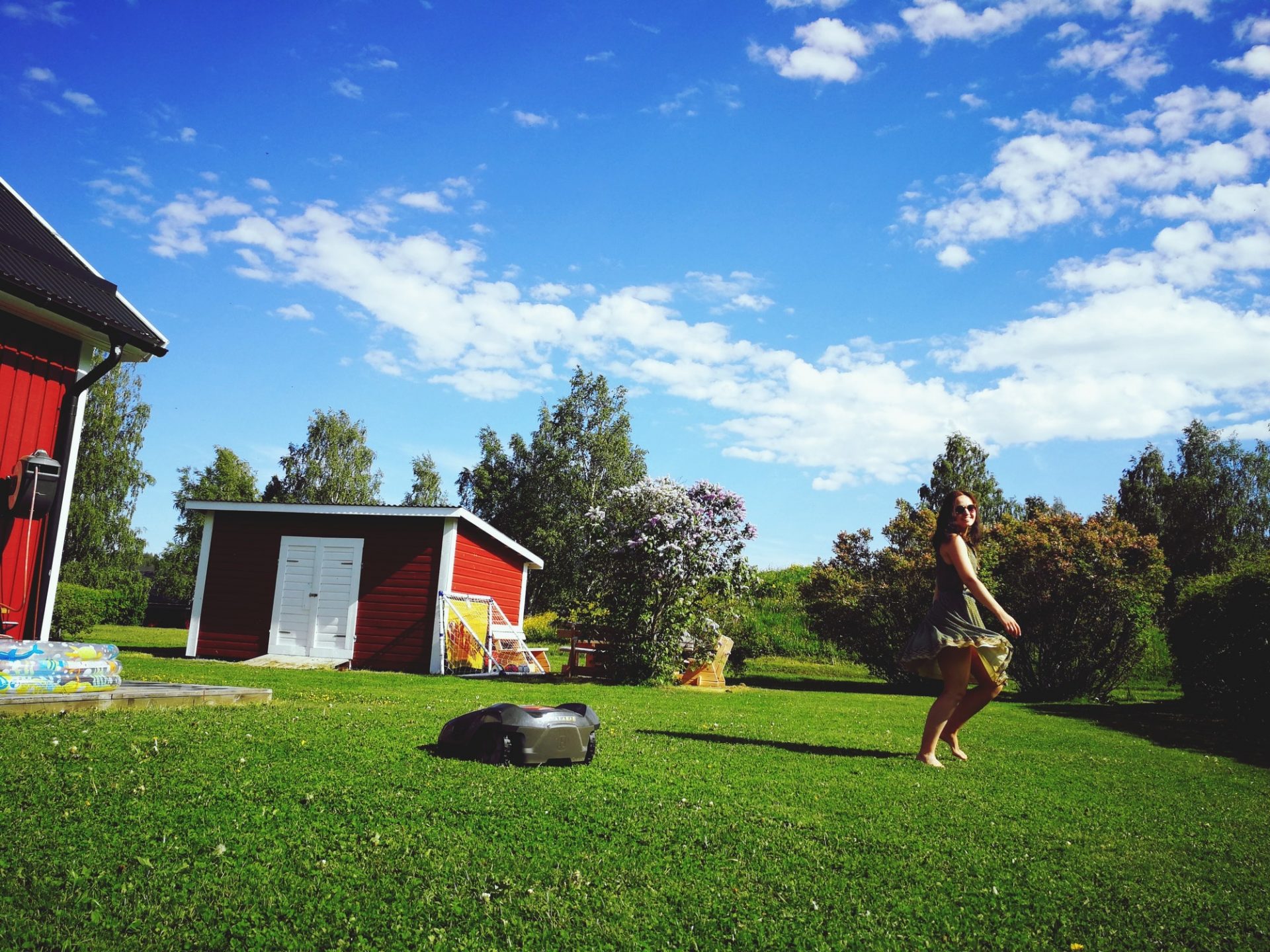 ☀️ NOMINATED ☀️robot lawn mower and young woman, backyard living